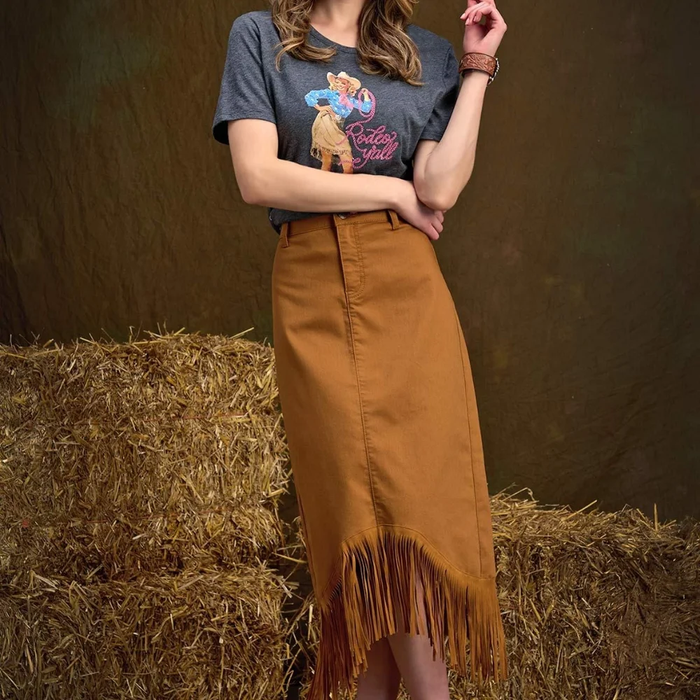 Fringe Hem Denim Midi Skirt Plus Size Tan Western Coastal Cowgirl NWT - Picture 8 of 11